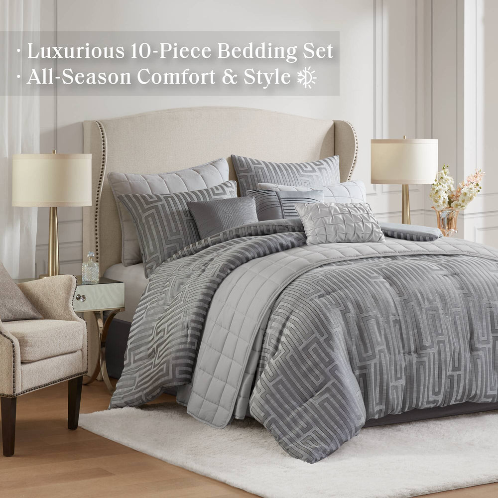 10 PCS Cal King  Luxury Jacquard Comforter Set Grey Media 2