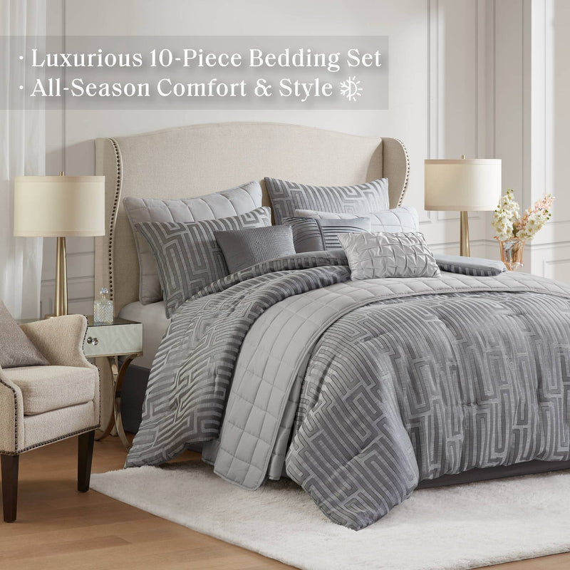 10 PCS King Luxury Jacquard Comforter Set Grey