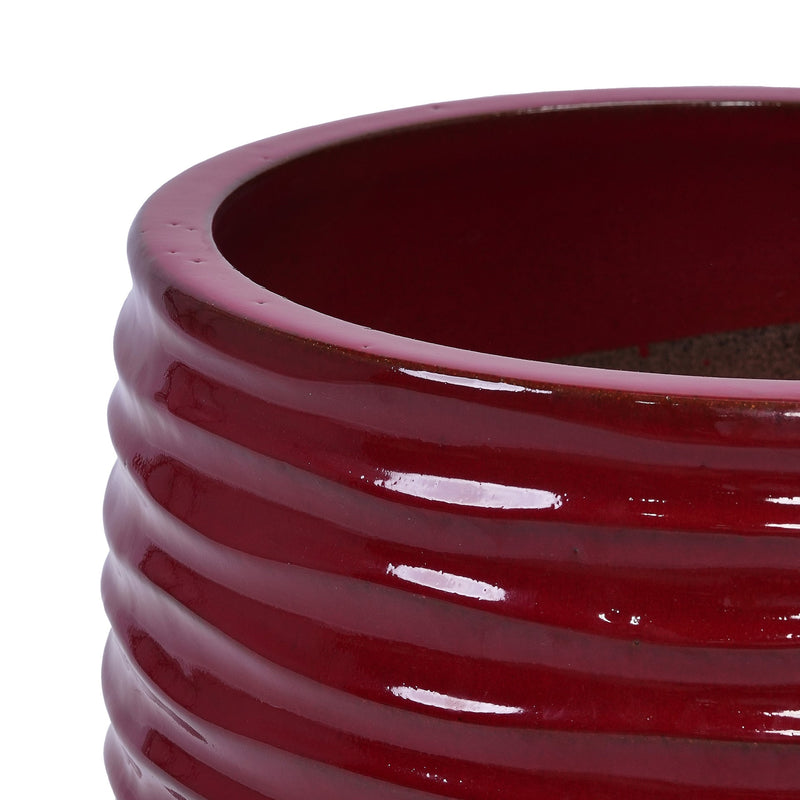 Handmade Glazed Ceramic Planter Set of 3, 15/11/8 Inch Diameter, Horizontal Groove Pattern, for Succulents & Flowering Plants Outdoor Garden & Indoor Staircase Bookshelf Use, Breathable Clay, Deep Red