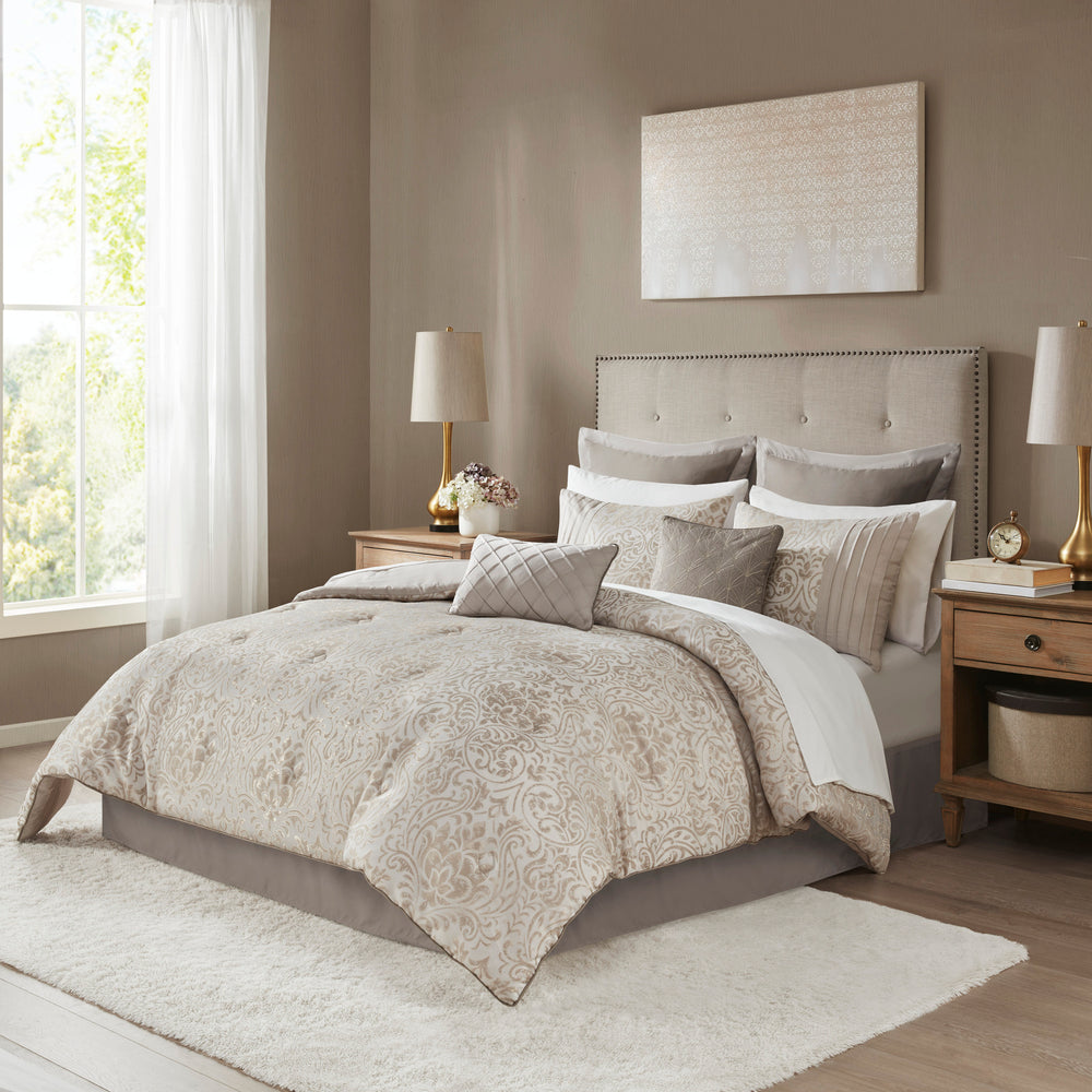 12 Piece Jacquard Comforter Set with Bed Sheets Khaki King Media 1
