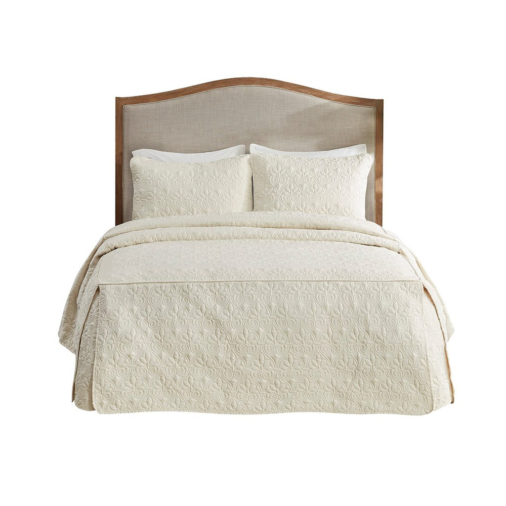 3 Piece Split Corner Pleated Quilted Bedspread Cream King Media 3