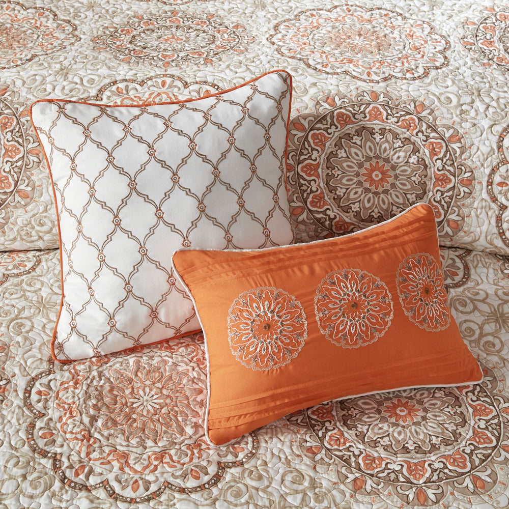 6 Piece Reversible Quilt Set with Throw Pillows Orange Full/Queen Media 4
