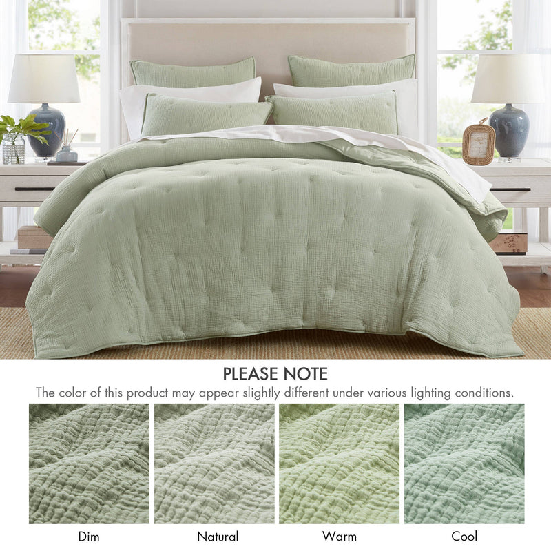 3-Piece King Cotton  Embroidered Quilt Set,Sage