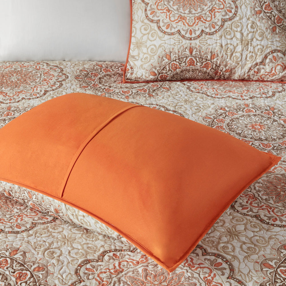 6 Piece Reversible Quilt Set with Throw Pillows Orange Full/Queen Media 5