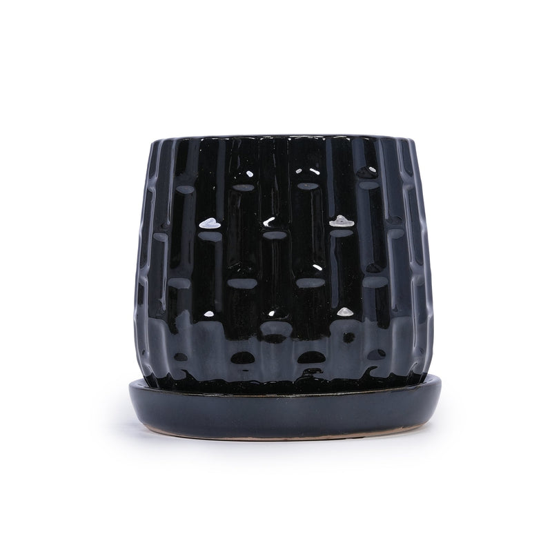 Handmade Ceramic Flower Pot with Groove Pattern, 6 & 8 Inch Diameter, Black Color for Orchids, Indoor/Outdoor Use on Windowsill & Bookshelf, Breathable Clay with Saucer