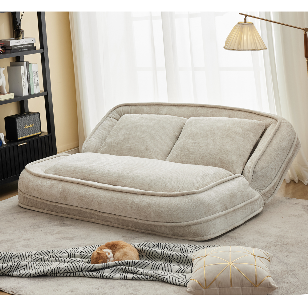 Pet Sofa Bed Chenille 2-In-1 Lounge Couch With 5 Adjustable Positions For People & Pets Beige Media 20