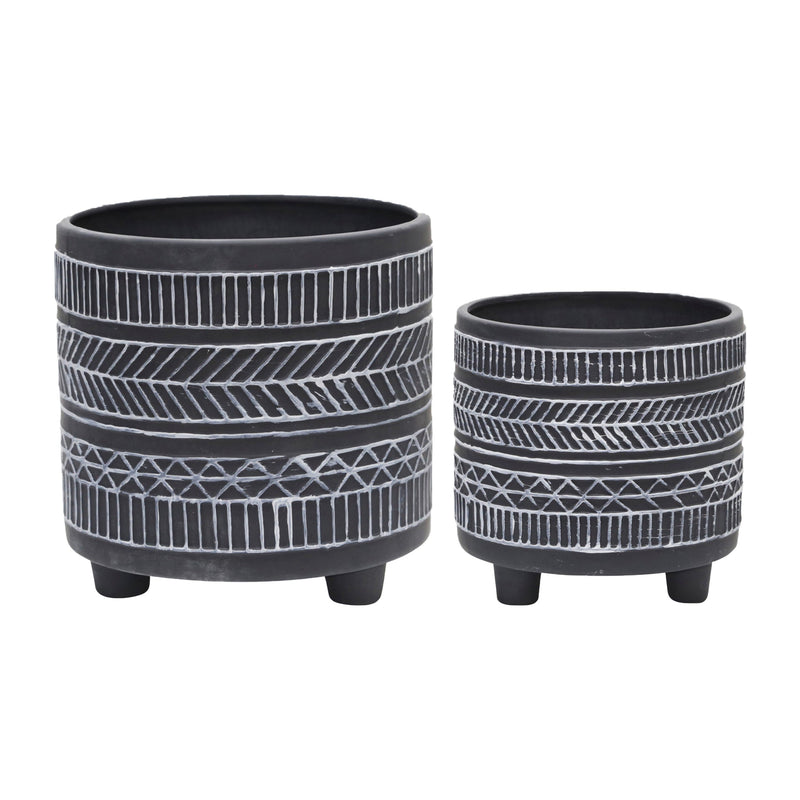S/2  TRIBAL LOOK FOOTED PLANTER 6/8', BLACK