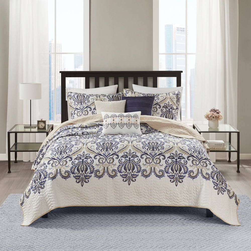 6 Piece Reversible Quilt Set with Throw Pillows Navy/Tan Full/Queen Media 6