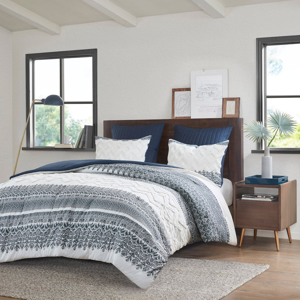 3 Piece Cotton Comforter Set with Chenille Tufting Navy Full/Queen Media 1