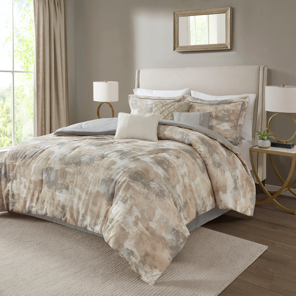 7 Piece Textured Cotton Blend Comforter Set Gray King Media 1