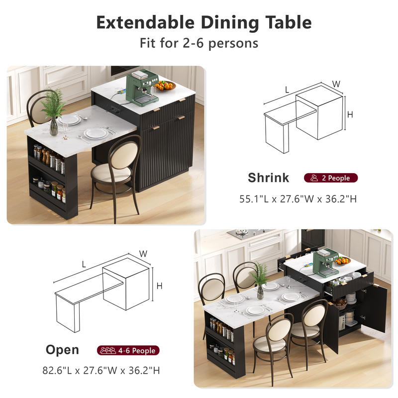 Kitchen Island Modern With Extendable Dining Table & Power Outlet For 4-6 People Black