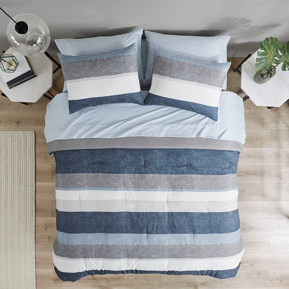 Stripe Comforter Set with Bed Sheets Blue/Grey Full Media 9