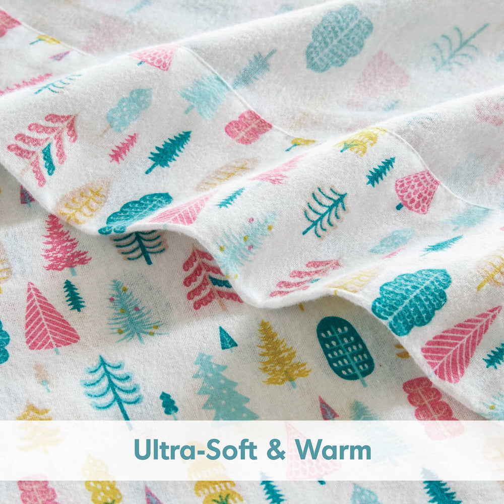 3 PCS Twin XL Cotton Printed Sheet Set White Holiday Trees Media 4