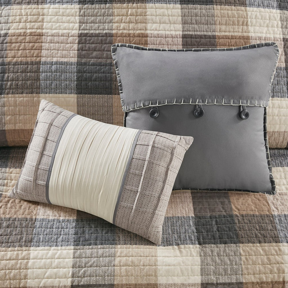 6 Piece Printed Herringbone Quilt Set with Throw Pillows Neutral Full/Queen Media 15