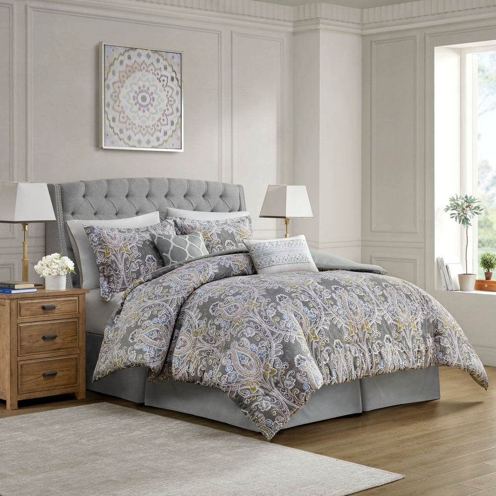 6 Piece Cotton Comforter Set Grey Full Media 1