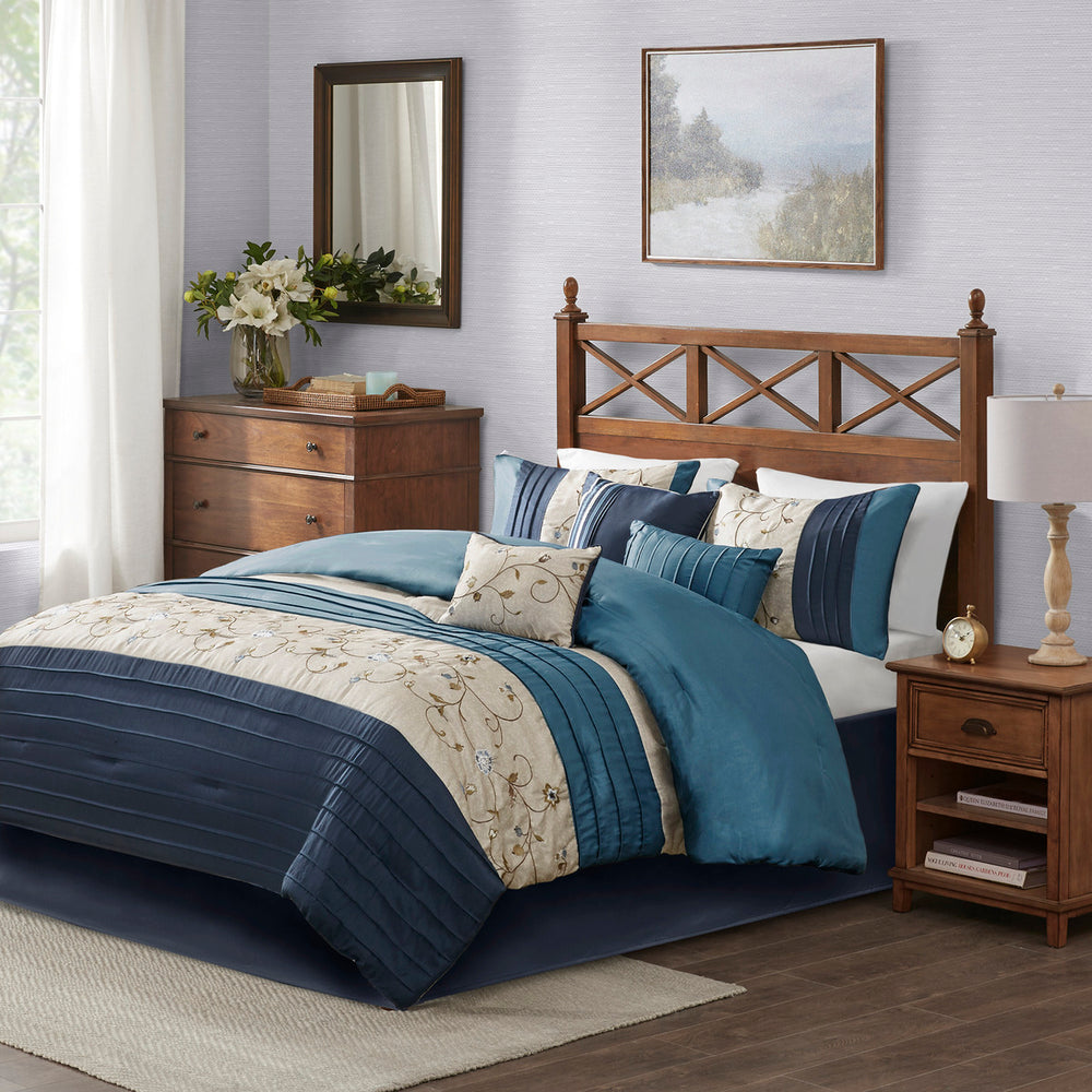 Embroidered 7 Piece Comforter Set Navy Cal King Media 1