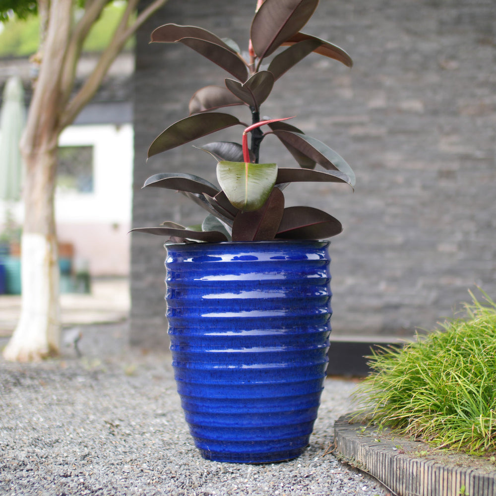 Handmade Sapphire Blue Ceramic Planter, 17 Inch Diameter, 1 Piece, Horizontal Ripples Pattern, for Monstera and Fiddle Leaf Fig, Indoor & Outdoor Doorway Use, Breathable Clay Media 1