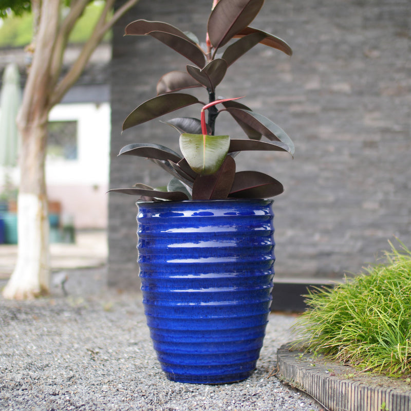 Handmade Sapphire Blue Ceramic Planter, 17 Inch Diameter, 1 Piece, Horizontal Ripples Pattern, for Monstera and Fiddle Leaf Fig, Indoor & Outdoor Doorway Use, Breathable Clay