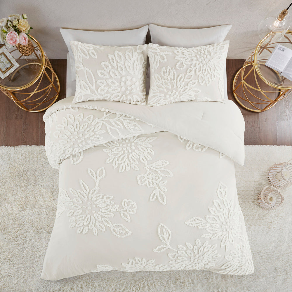 3 Piece Tufted Cotton Chenille Floral Comforter Set Off-White King/Cal King Media 9