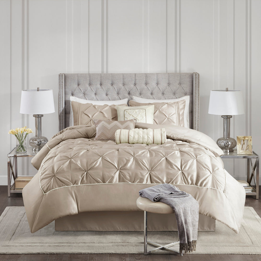 7 Piece Tufted Comforter Set Taupe Queen Media 1