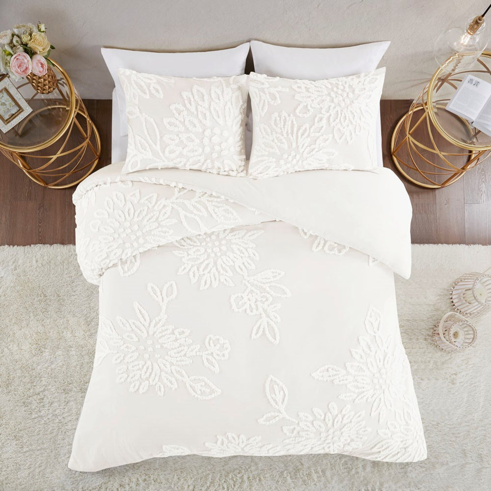 King/Cal King 3 Piece Tufted Cotton Chenille Floral Duvet Cover Set Media 3