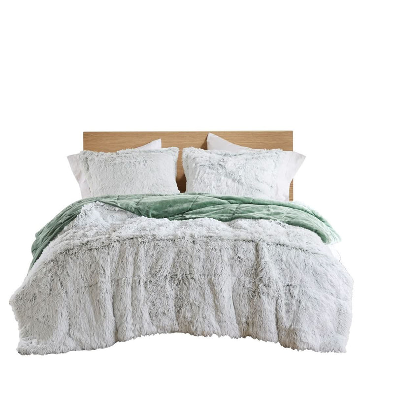 Faux Fur Comforter Set Shaggy King Cal King Green White Bedding for Bedroom 3 Piece