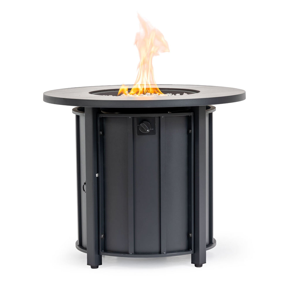 Propane Fire Pit Table Round Steel Wood Grain Ceramic Tabletop For Outdoor Patio & Backyard Entertaining Media 7