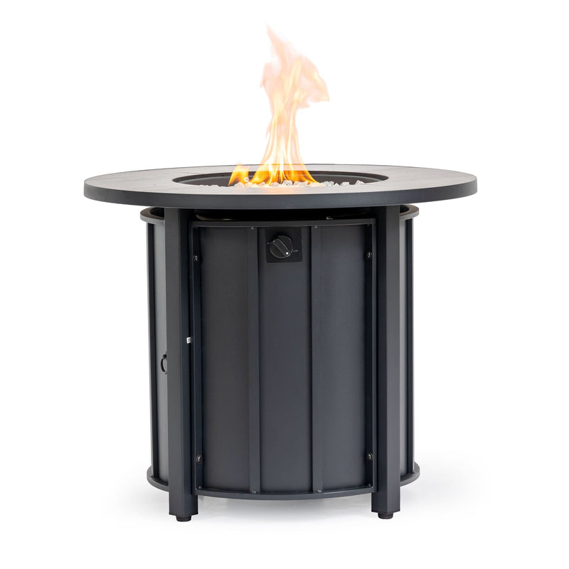 Propane Fire Pit Table Round Steel Wood Grain Ceramic Tabletop For Outdoor Patio & Backyard Entertaining