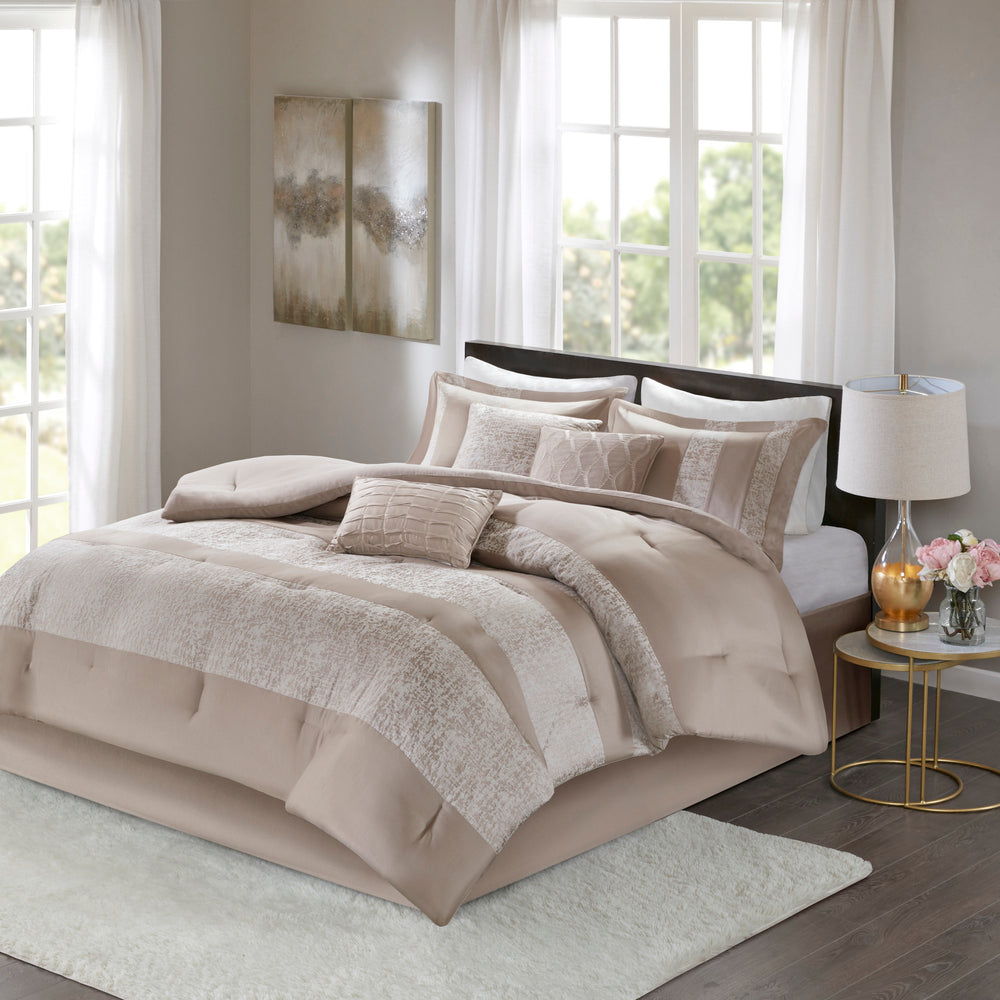 7 Piece Chenille Jacquard Comforter Set Taupe King Media 1