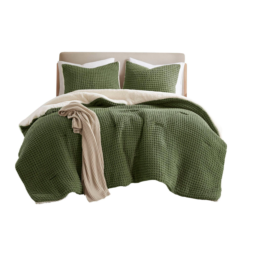 3 Pieces Full/Queen Waffle Knit Chenille Comforter Set,Olive Media 15