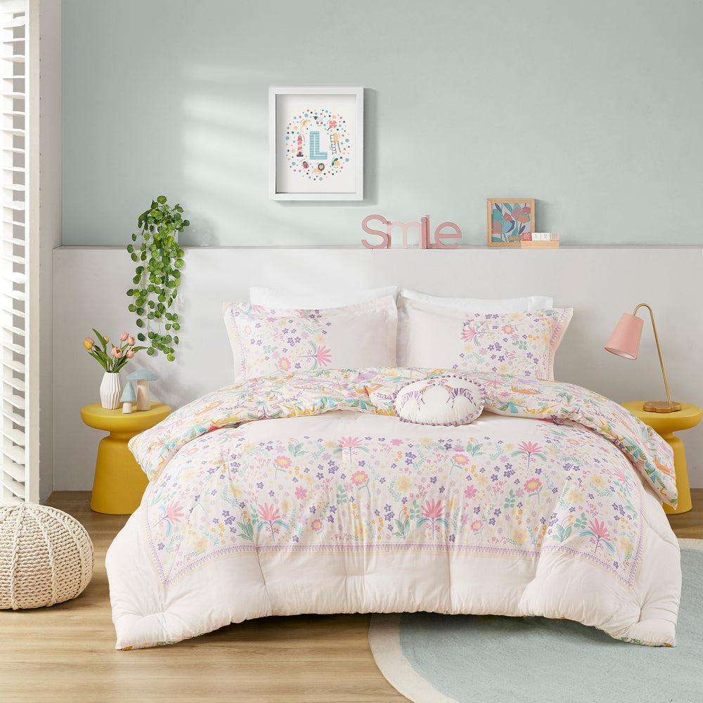 3 PCS Twin Floral Reversible Cotton Comforter Set with Throw Pillow Purple Media 4