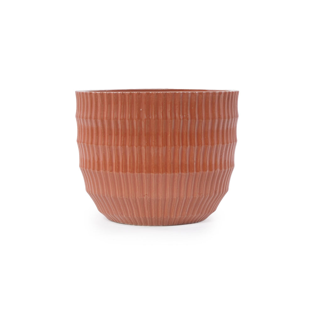 Handmade Brick Red Glaze Ceramic Planter Set of 4, 7/9/12/14 Inch, Horizontal Grooves, Indoor & Outdoor Herb Succulent Pots, Breathable Clay with Drainage Holes Media 9