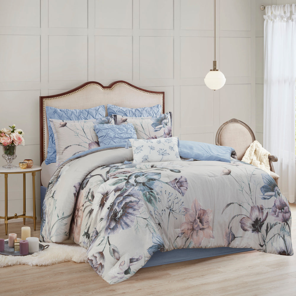 8 Piece Cotton Printed Comforter Set Blue Cal King Media 1