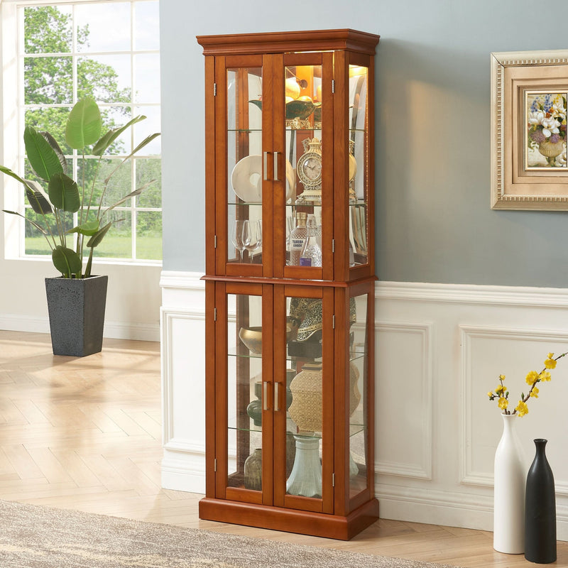 Glass Display Cabinet Tempered Glass Doors Walnut Finish Transitional