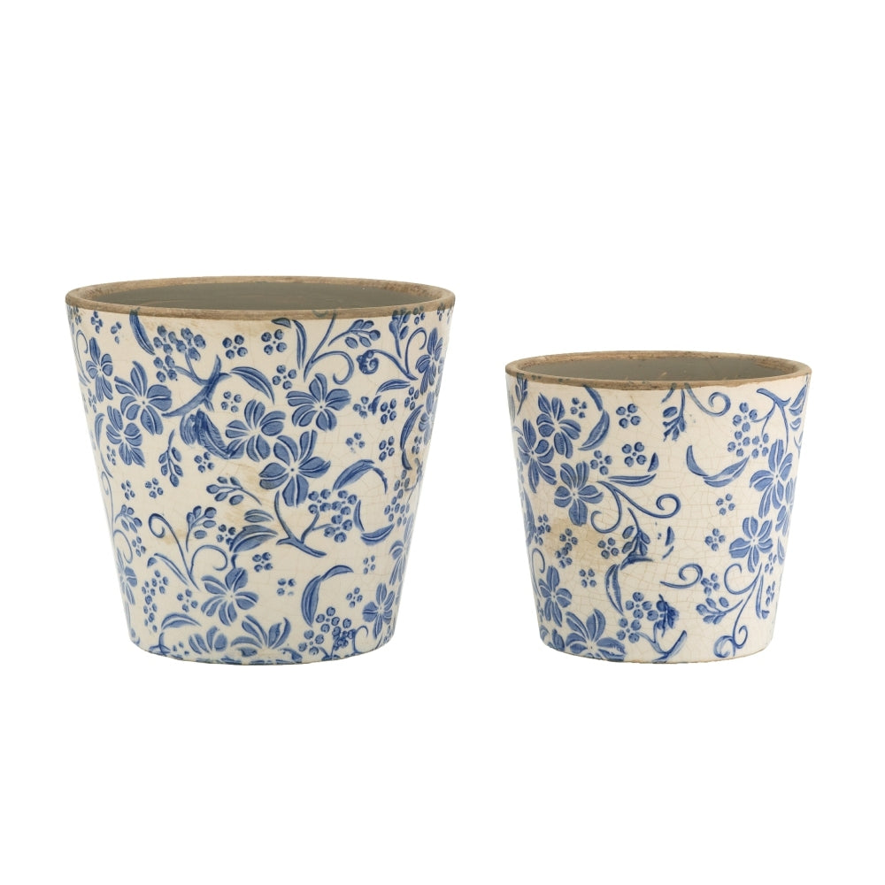 S/2 Blue and White Ceramic Planters with Floral Motif Media 1