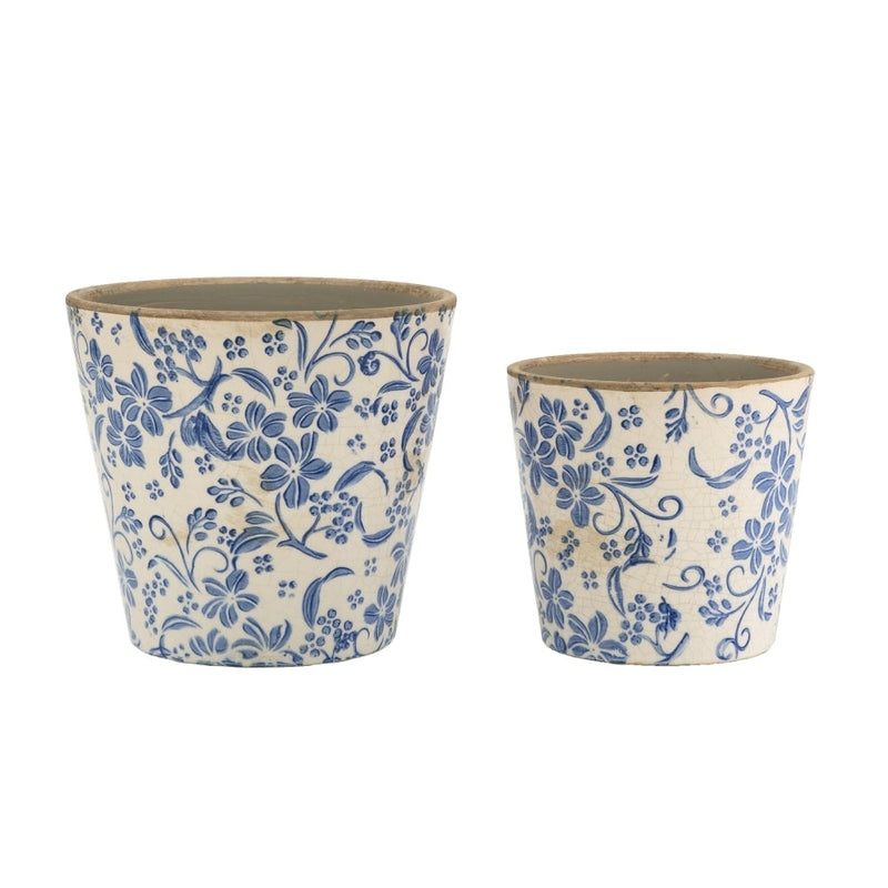 S/2 Blue and White Ceramic Planters with Floral Motif