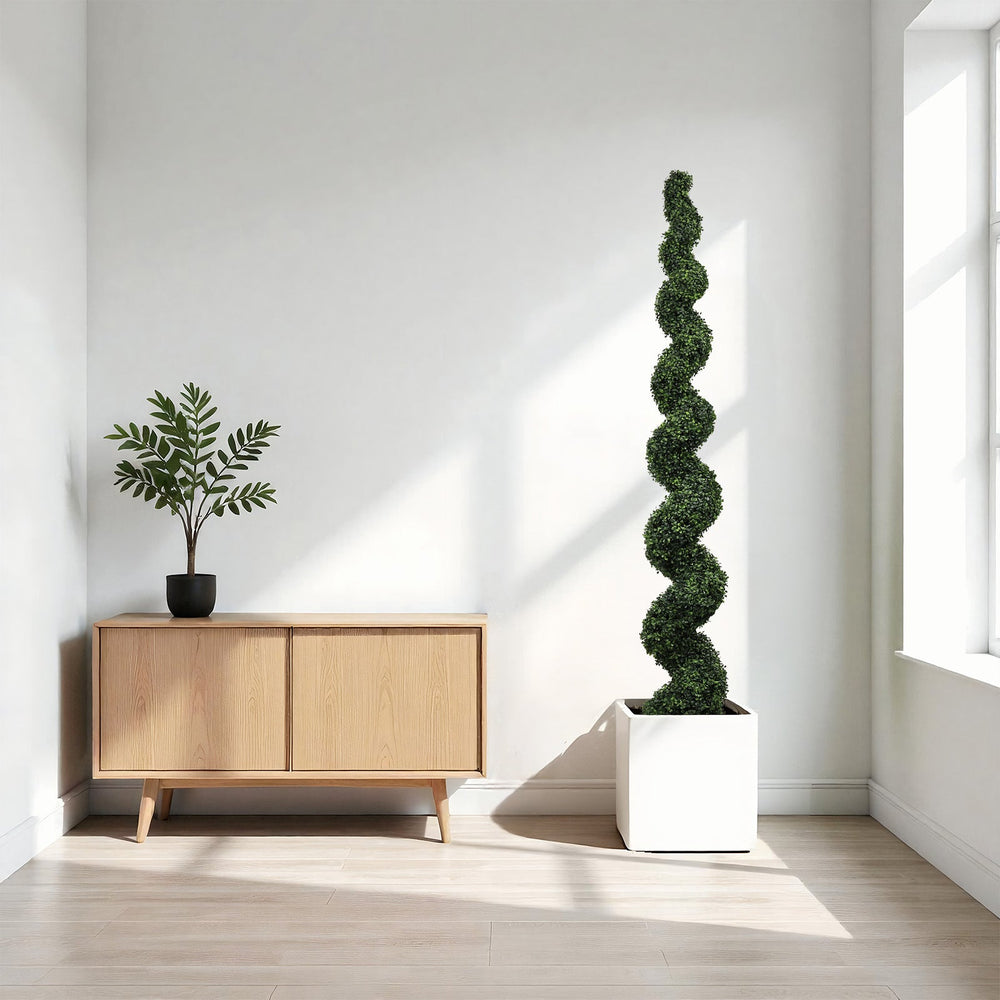 7FT Spiral Topiary Trees Artificial Outdoor Faux Boxwood Plants Large Twisted Green Potted Trees with Dark Green Leaves for Garden Front Porch Patio Planter Decoration, 1pc/set Media 1