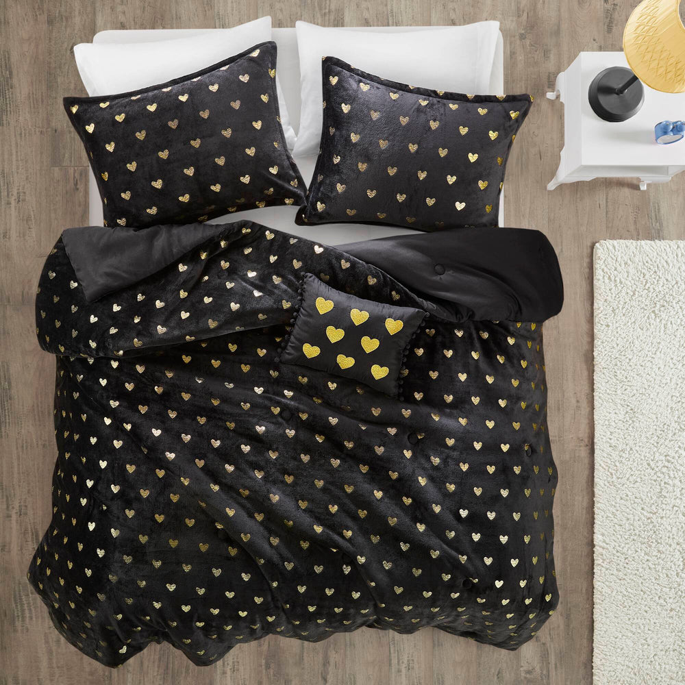 4 PCS Full/Queen Metallic Printed Plush Comforter Set with Throw Pillow Black/Gold Media 7