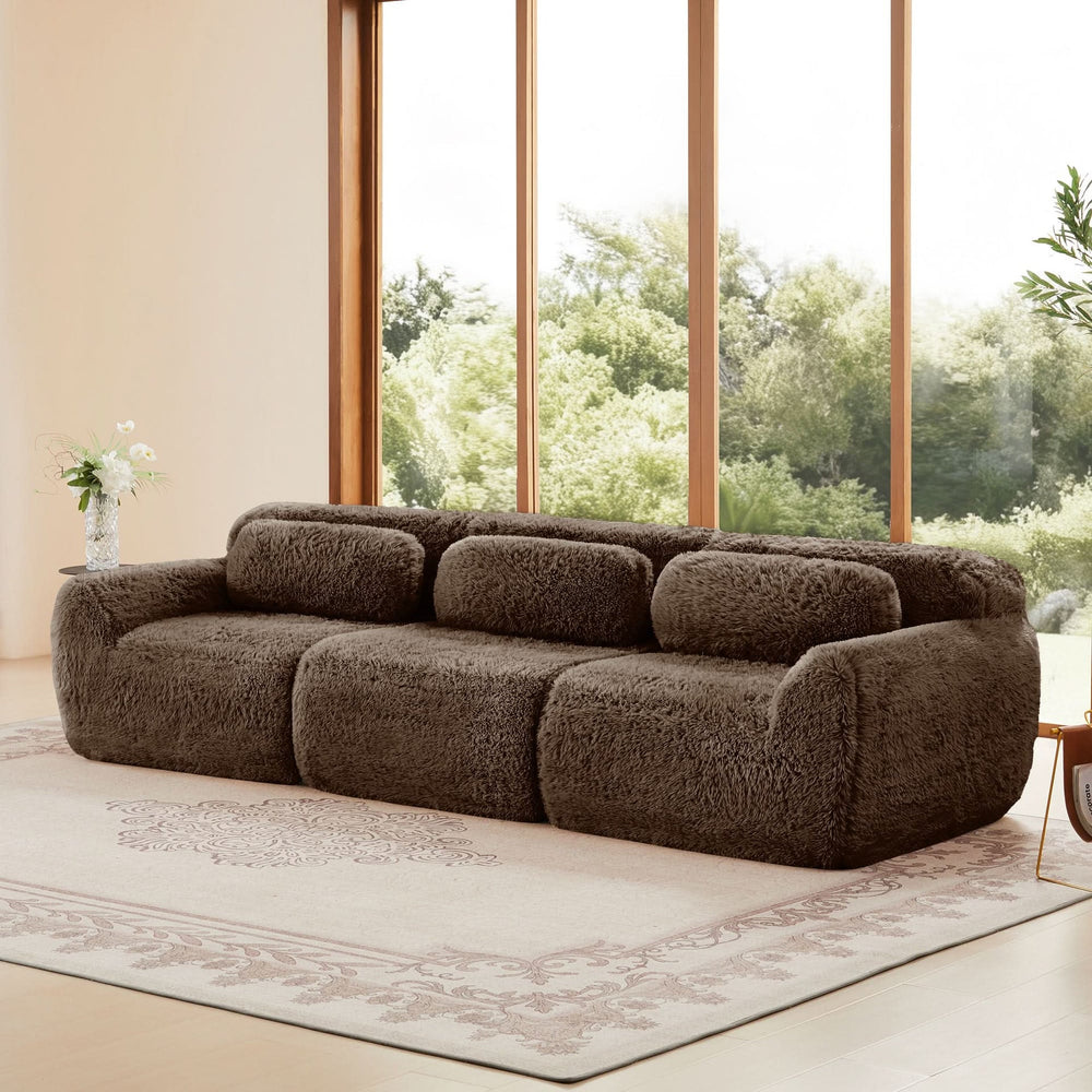 Plush Fabric Sectional Sofa Chocolate Modular With Ottoman & Pillows Media 3