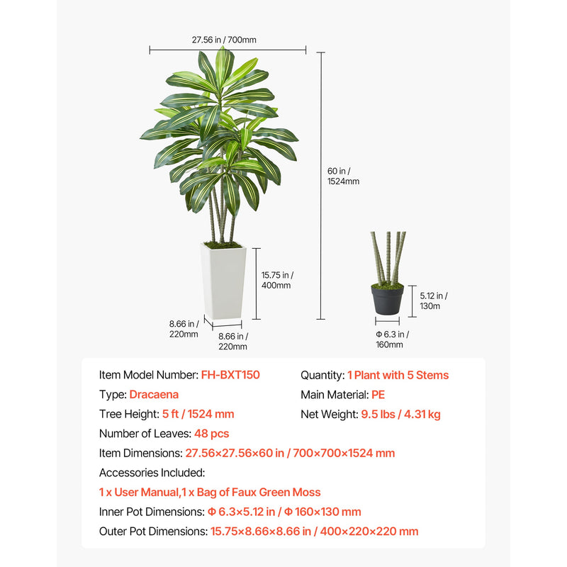 Artificial Dracaena Tree 5 ft, Fake Palm Tropical Plants with White Tall Planter, Faux Floor Silk Plant in Pot, Large Trees for Home Office Living Room Decor House Warming, Indoor Outdoor