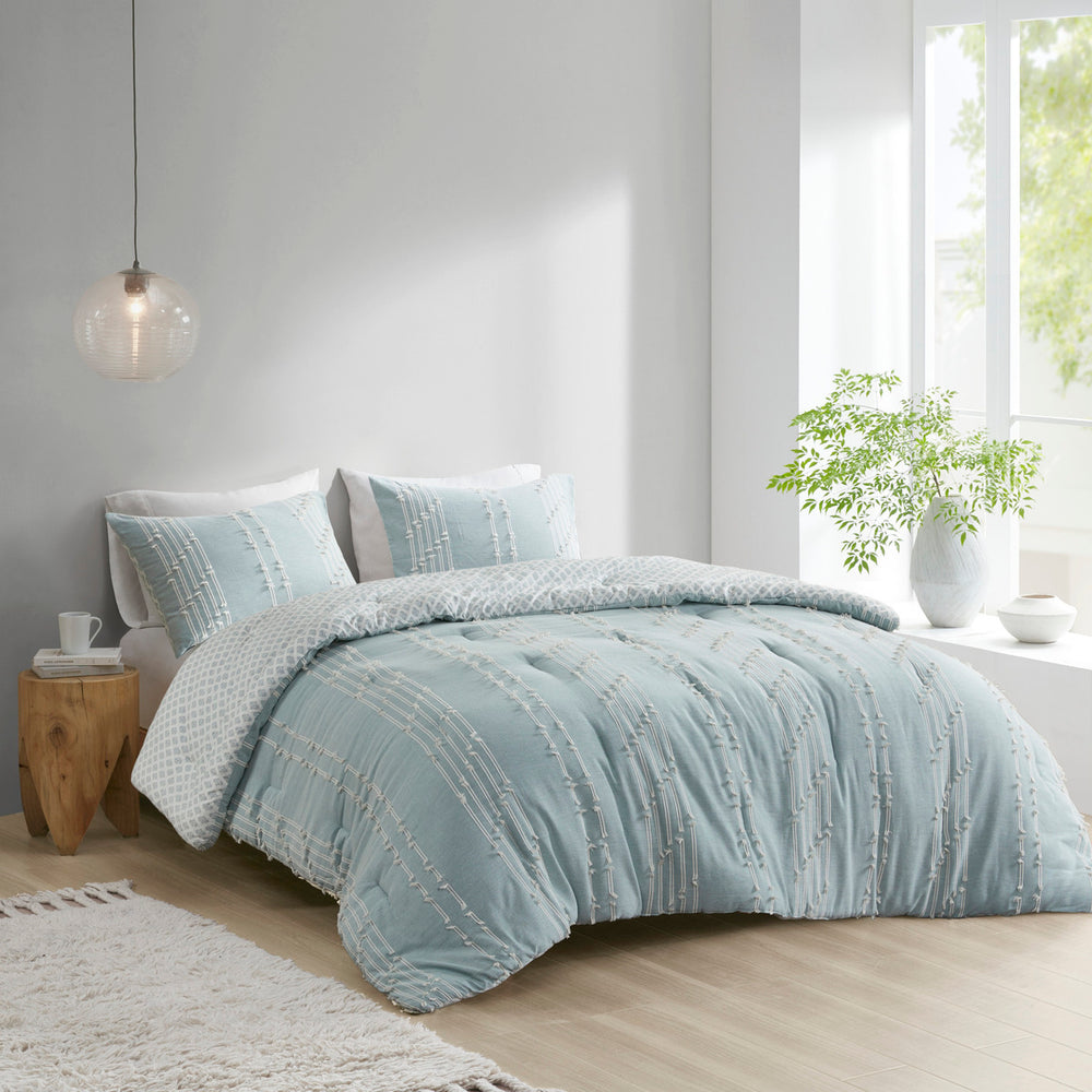 3 Piece Cotton Jacquard Comforter Set Aqua Full/Queen Media 14