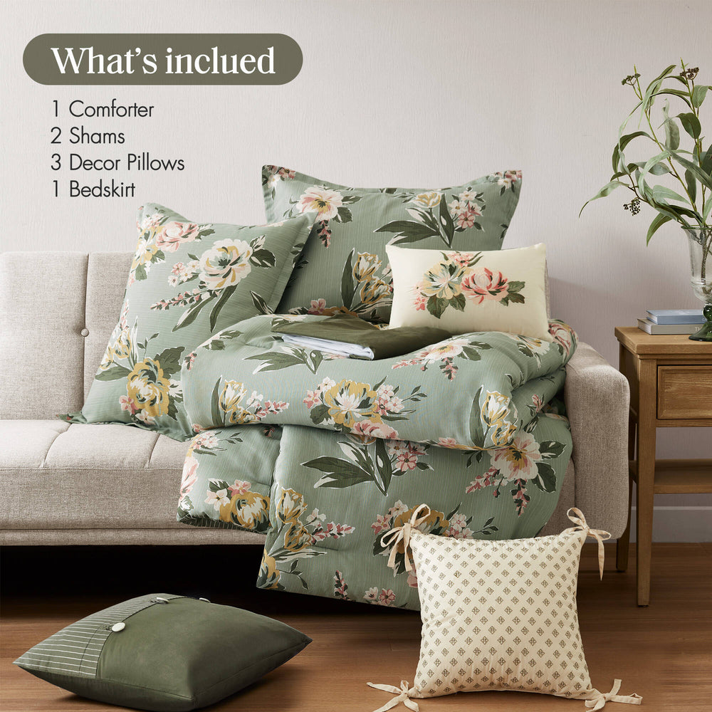 7-Piece King Vin  Floral Comforter Set, Green Media 9