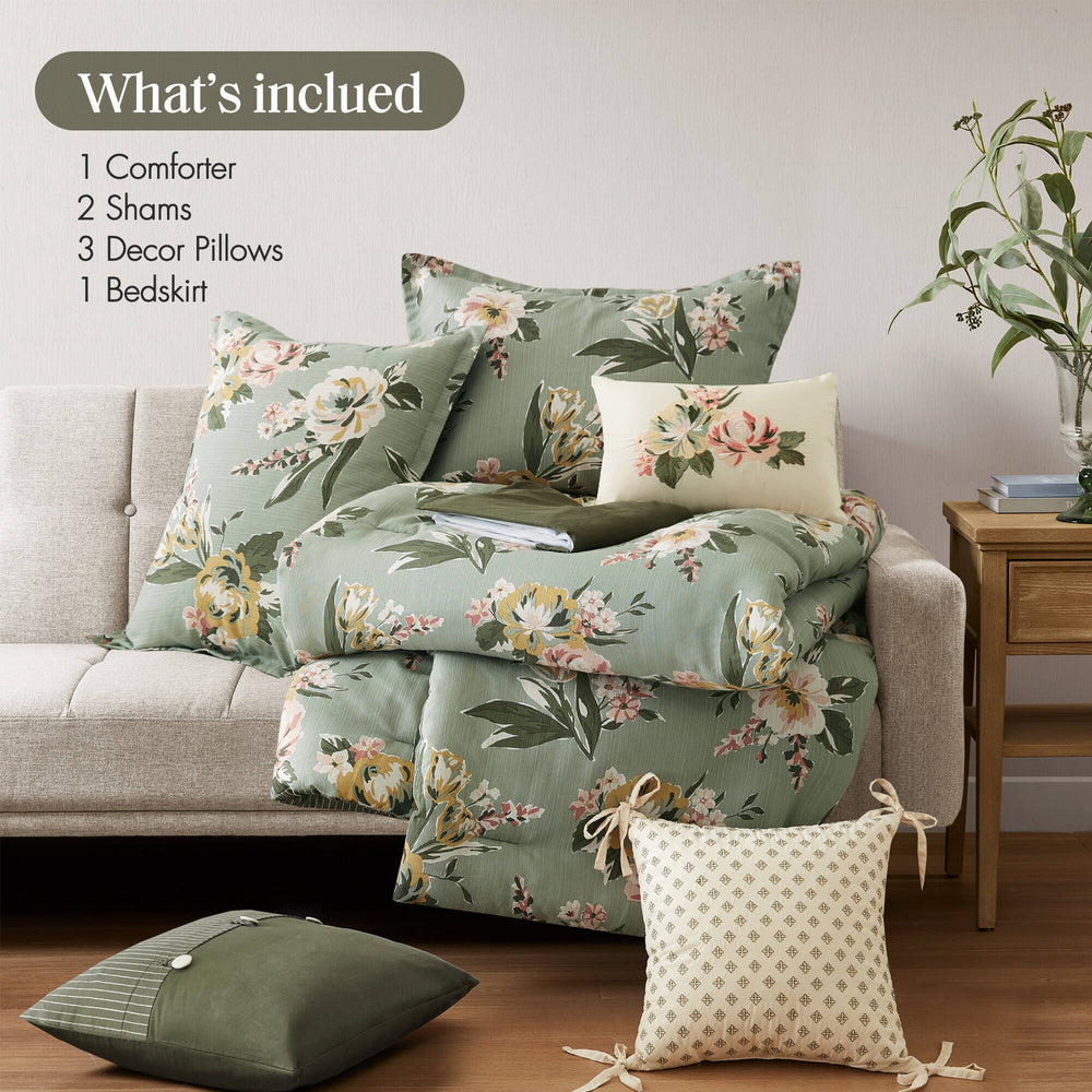 7-Piece King Vin  Floral Comforter Set, Green Media 9