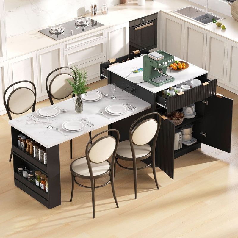 Kitchen Island Modern With Extendable Dining Table & Power Outlet For 4-6 People Black