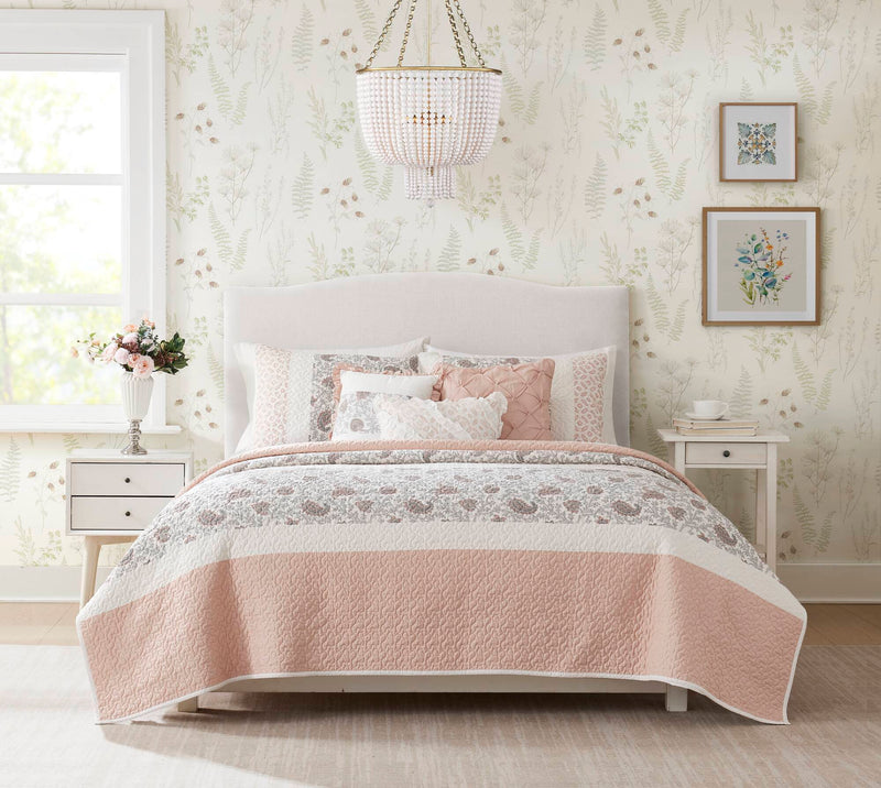 6 Piece Cotton Percale Quilt Set with Throw Pillows Blush King/Cal King