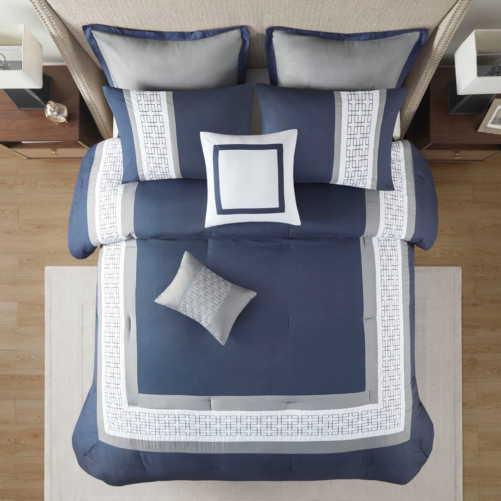 8 Piece Embroidered Comforter Set Navy King Media 13
