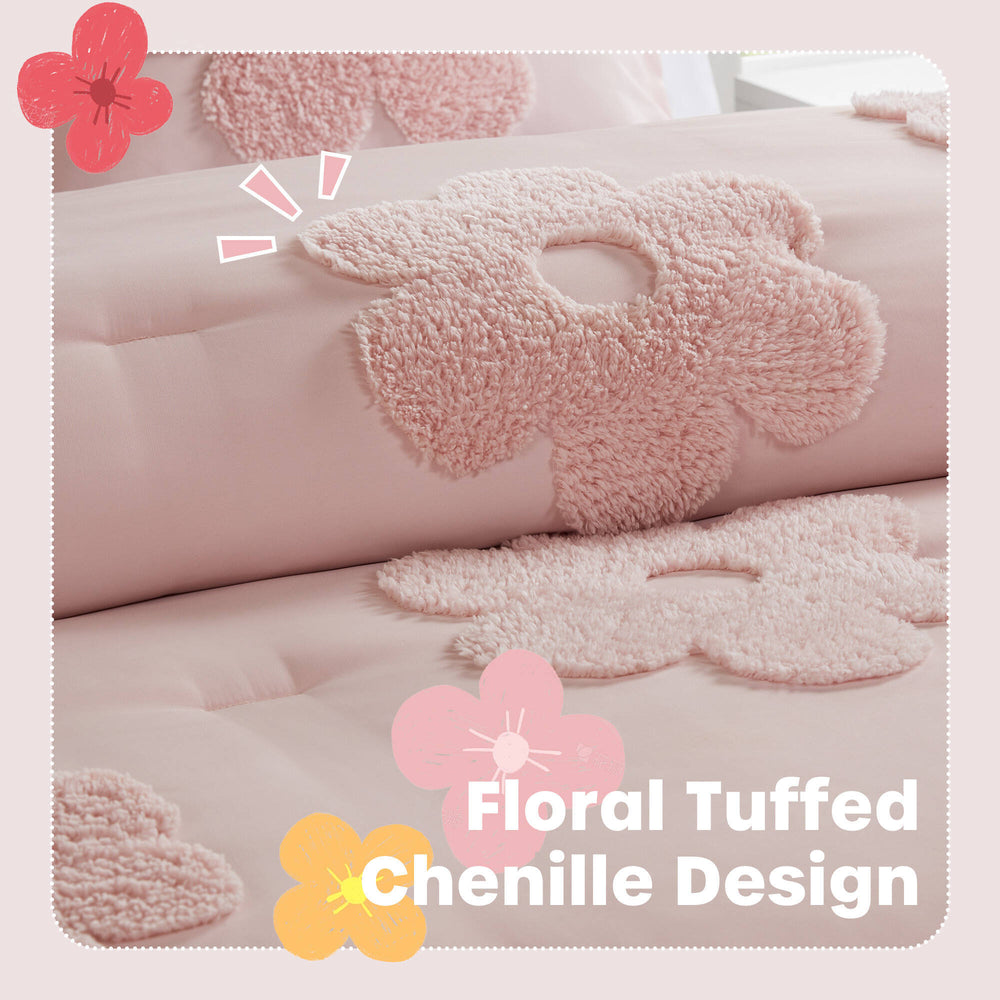 4-Piece Full/Queen Floral Reversible Tufted Chenille Comforter Set with Flower Throw Pillow,Pink Media 4