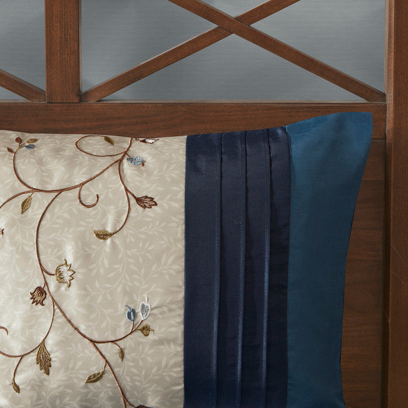 Embroidered 7 Piece Comforter Set Navy Queen