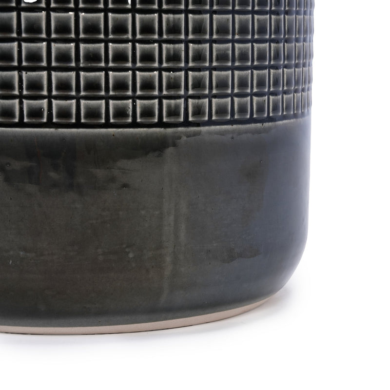 Handmade Black Glazed Ceramic Planter Set of 3, 9' 7' 6' Diameter, Grid Pattern, for Succulents & Cacti Indoor/Outdoor Shelf & Table Use, Porous Clay with Drainage Holes