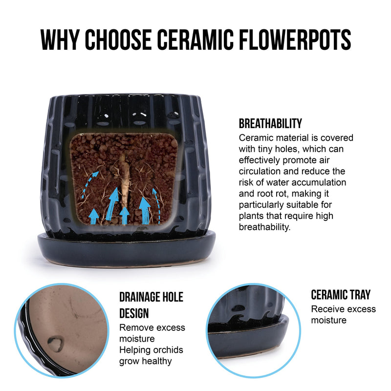 Handmade Ceramic Flower Pot with Groove Pattern, 6 & 8 Inch Diameter, Black Color for Orchids, Indoor/Outdoor Use on Windowsill & Bookshelf, Breathable Clay with Saucer